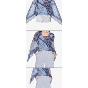 BCBGMAXAZRIA Nickelette Blue Print Top Size S Batik Print Draped Hi Lo